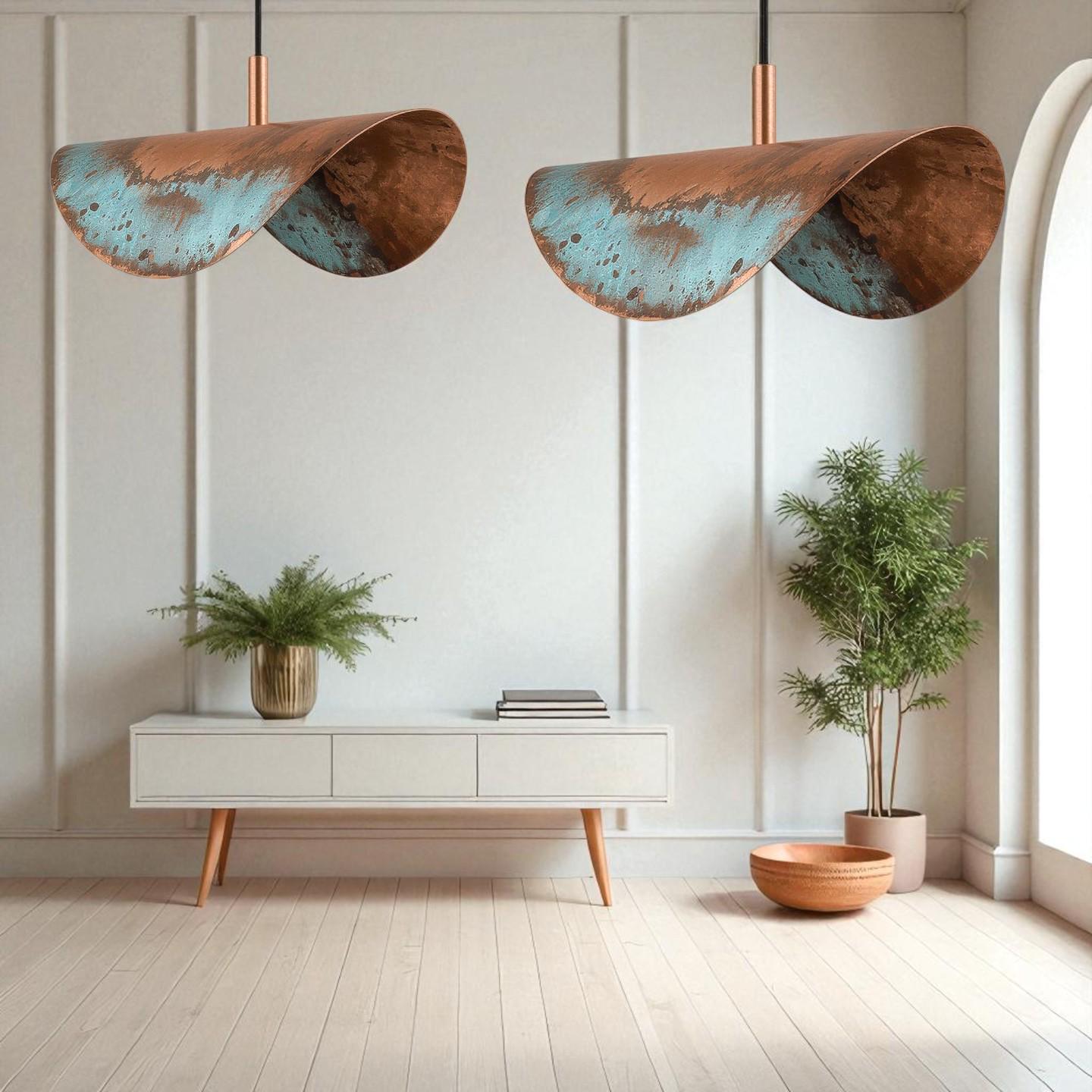 Rustic Copper Patina Pendant Light: Wavy Industrial Hanging Lamp - Mettlemix