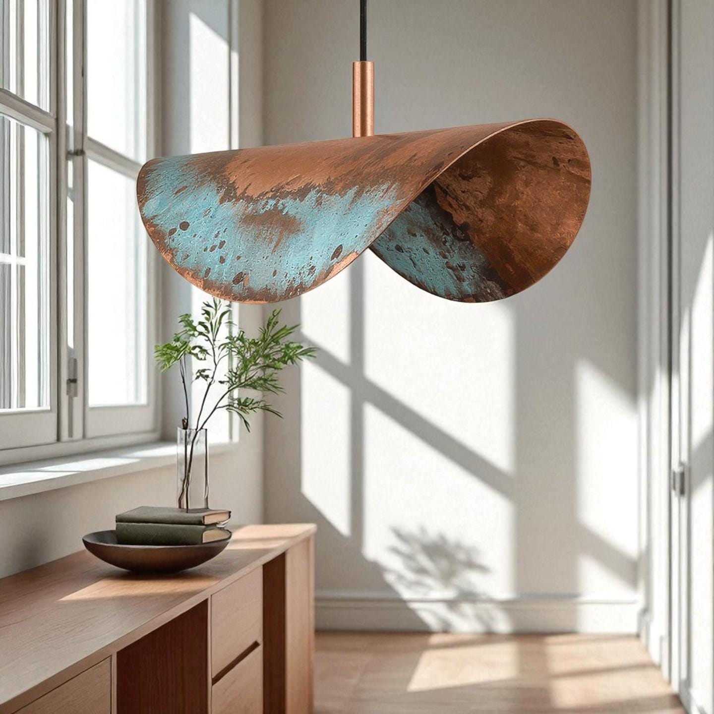 Rustic Copper Patina Pendant Light: Wavy Industrial Hanging Lamp - Mettlemix