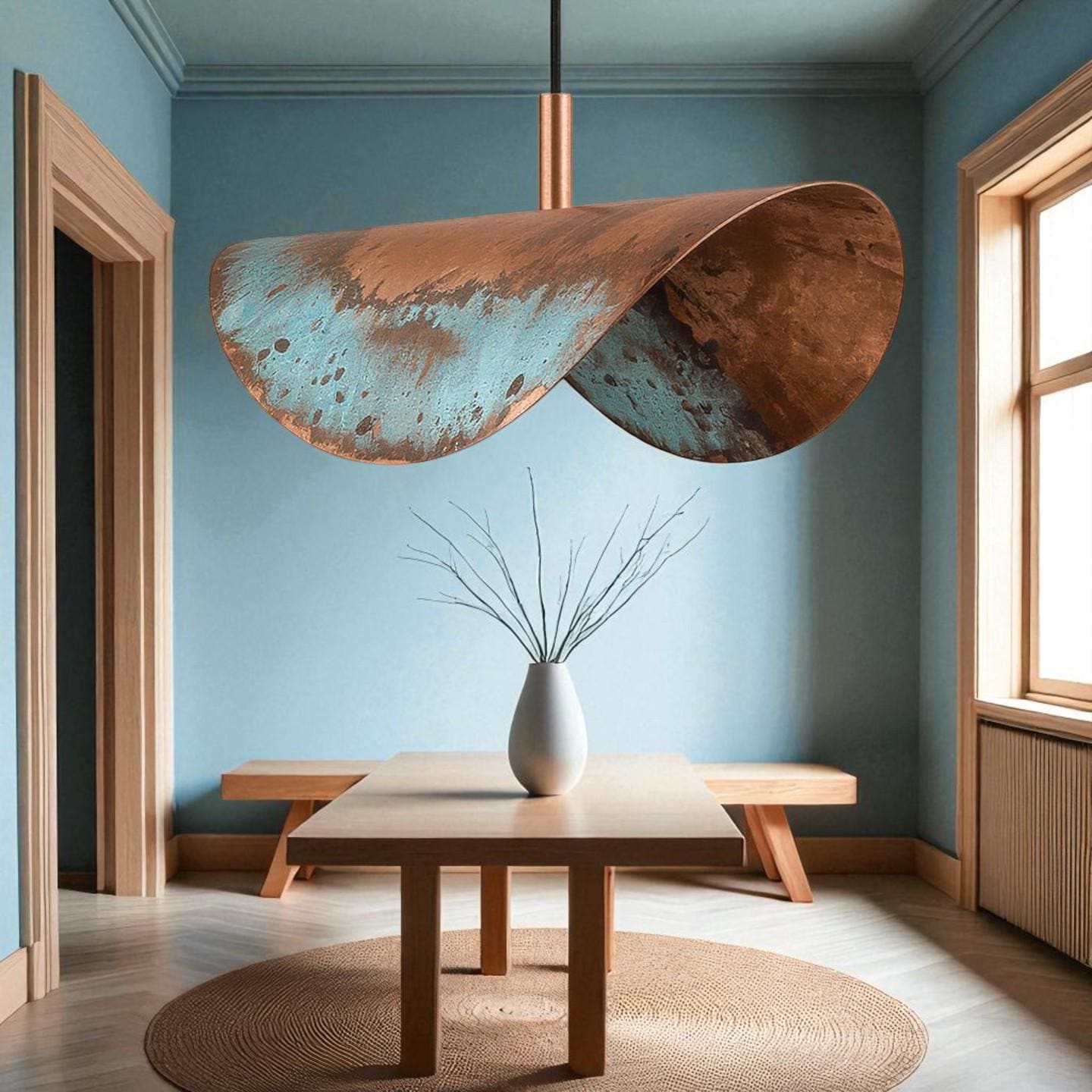 Rustic Copper Patina Pendant Light: Wavy Industrial Hanging Lamp - Mettlemix
