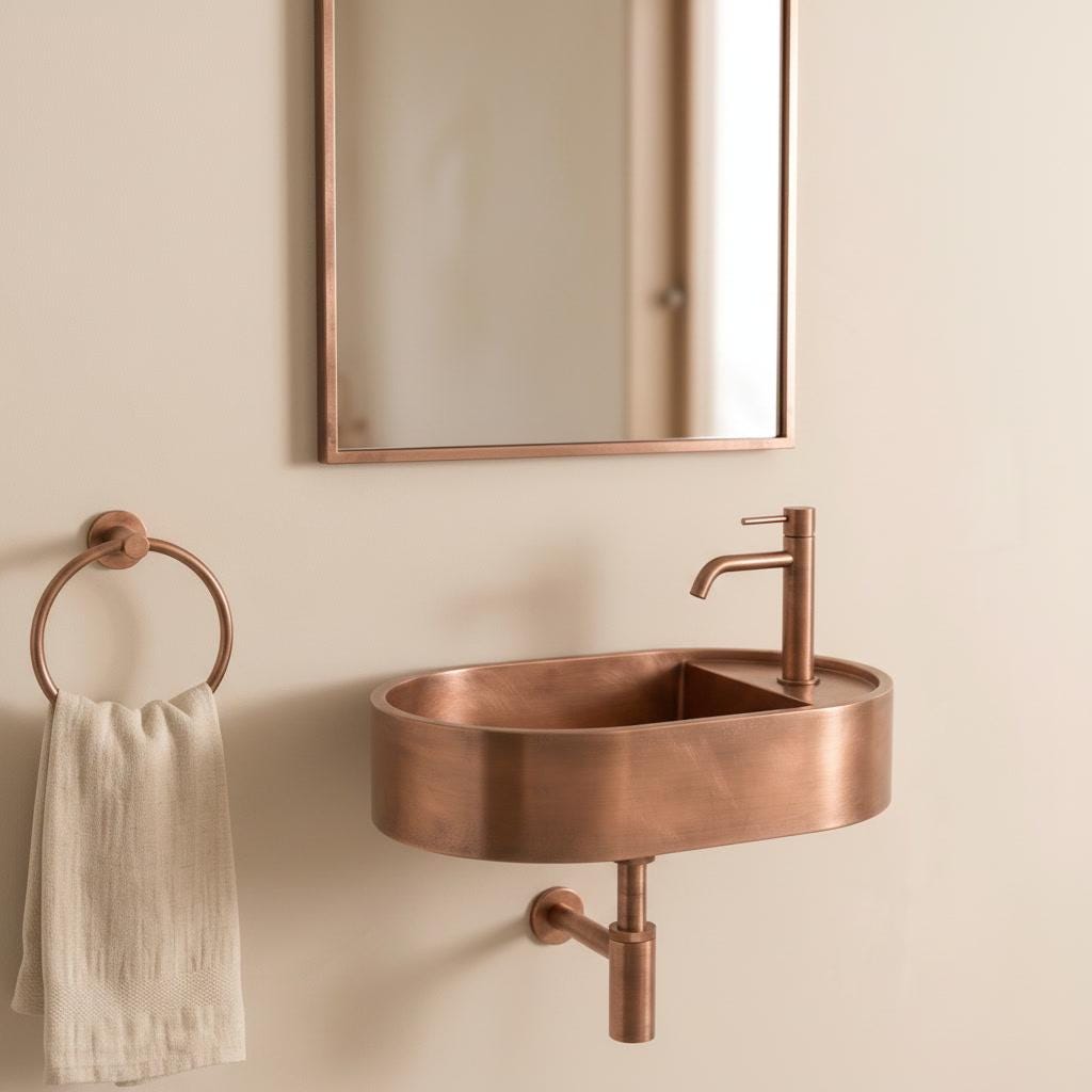 Rustic Copper Sink, Floating Vanity Washbasin - Wall Hung Oval Basin, Wabi Sabi Bathroom Decor, Farmhouse Vessel Sink, Lavatory - Mettlemix