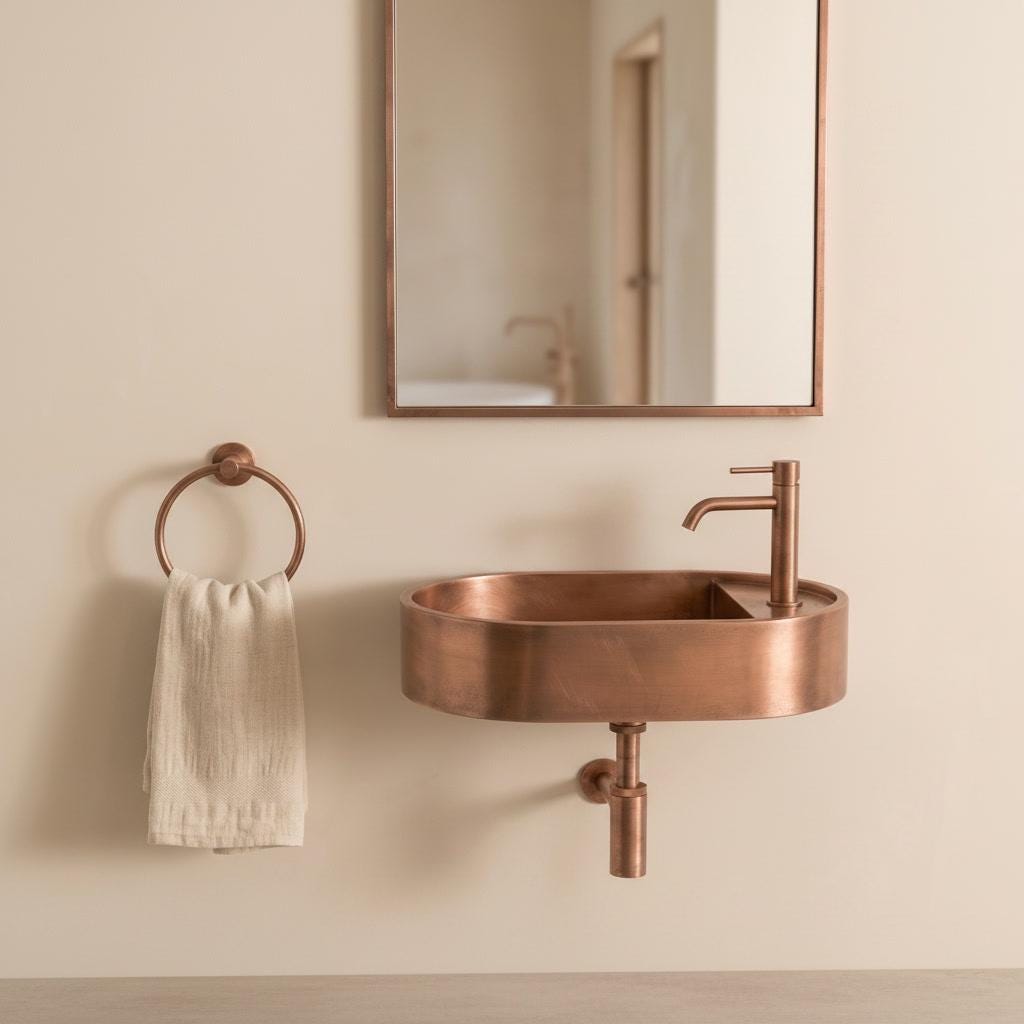 Rustic Copper Sink, Floating Vanity Washbasin - Wall Hung Oval Basin, Wabi Sabi Bathroom Decor, Farmhouse Vessel Sink, Lavatory - Mettlemix