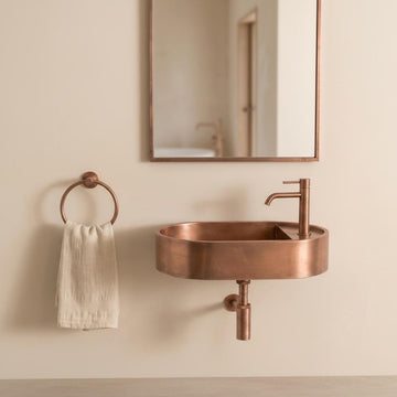 Rustic Copper Sink, Floating Vanity Washbasin - Wall Hung Oval Basin, Wabi Sabi Bathroom Decor, Farmhouse Vessel Sink, Lavatory - Mettlemix