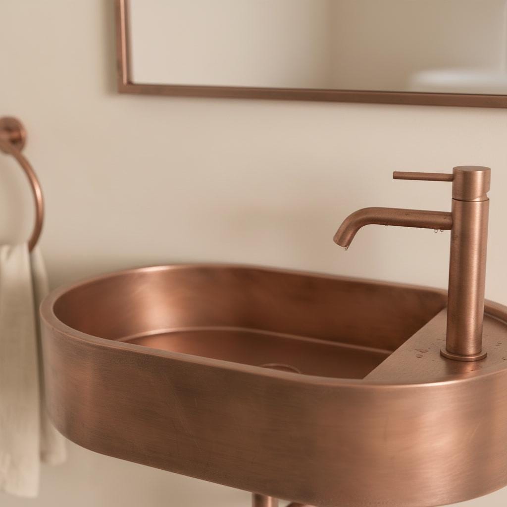 Rustic Copper Sink, Floating Vanity Washbasin - Wall Hung Oval Basin, Wabi Sabi Bathroom Decor, Farmhouse Vessel Sink, Lavatory - Mettlemix