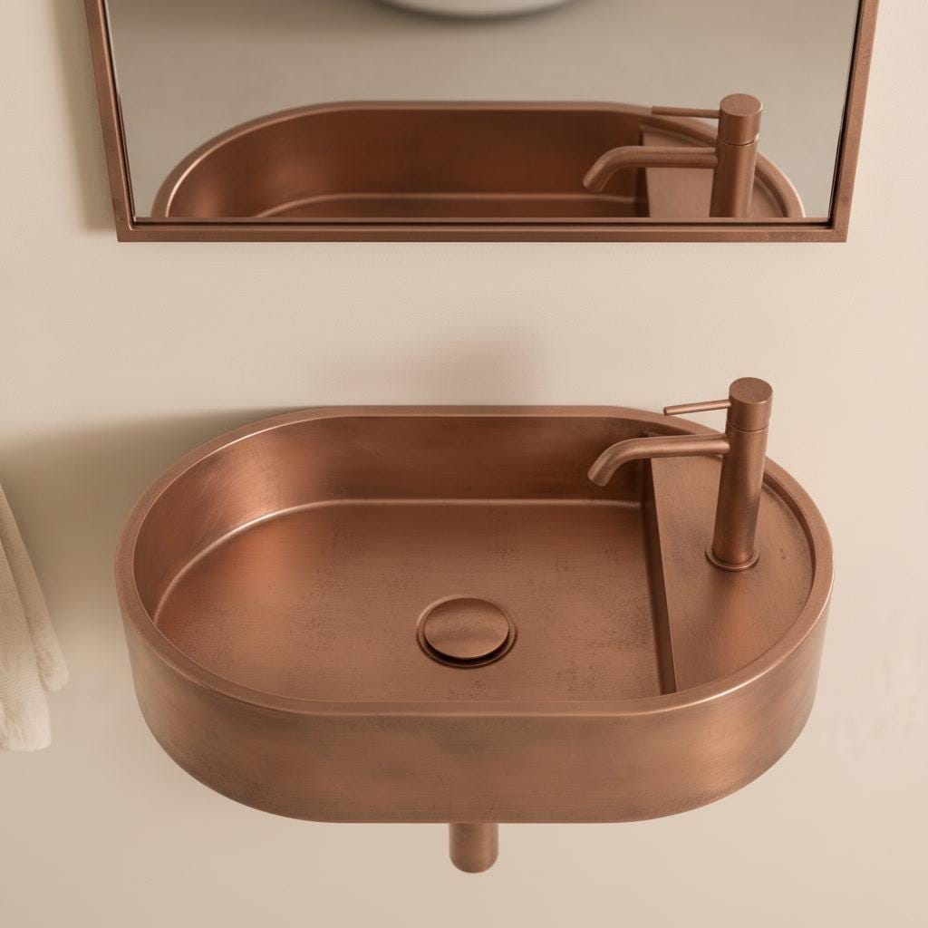 Rustic Copper Sink, Floating Vanity Washbasin - Wall Hung Oval Basin, Wabi Sabi Bathroom Decor, Farmhouse Vessel Sink, Lavatory - Mettlemix