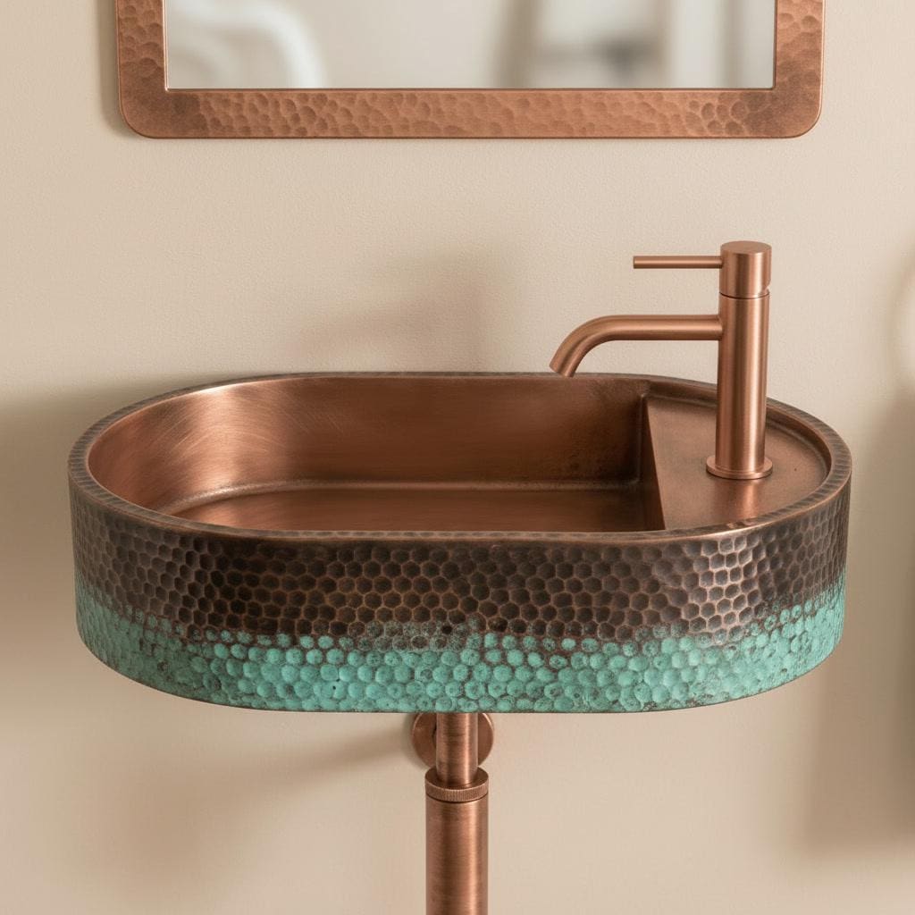 Rustic Copper Sink, Wall Mounted Oval Washbasin - Verdigris Patina Vessel Sink, Green Blue Floating Basin, Farmhouse Bathroom Decor - Mettlemix