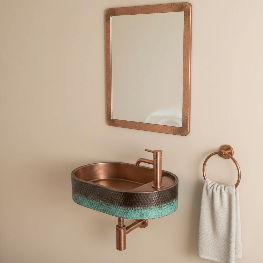 Rustic Copper Sink, Wall Mounted Oval Washbasin - Verdigris Patina Vessel Sink, Green Blue Floating Basin, Farmhouse Bathroom Decor - Mettlemix