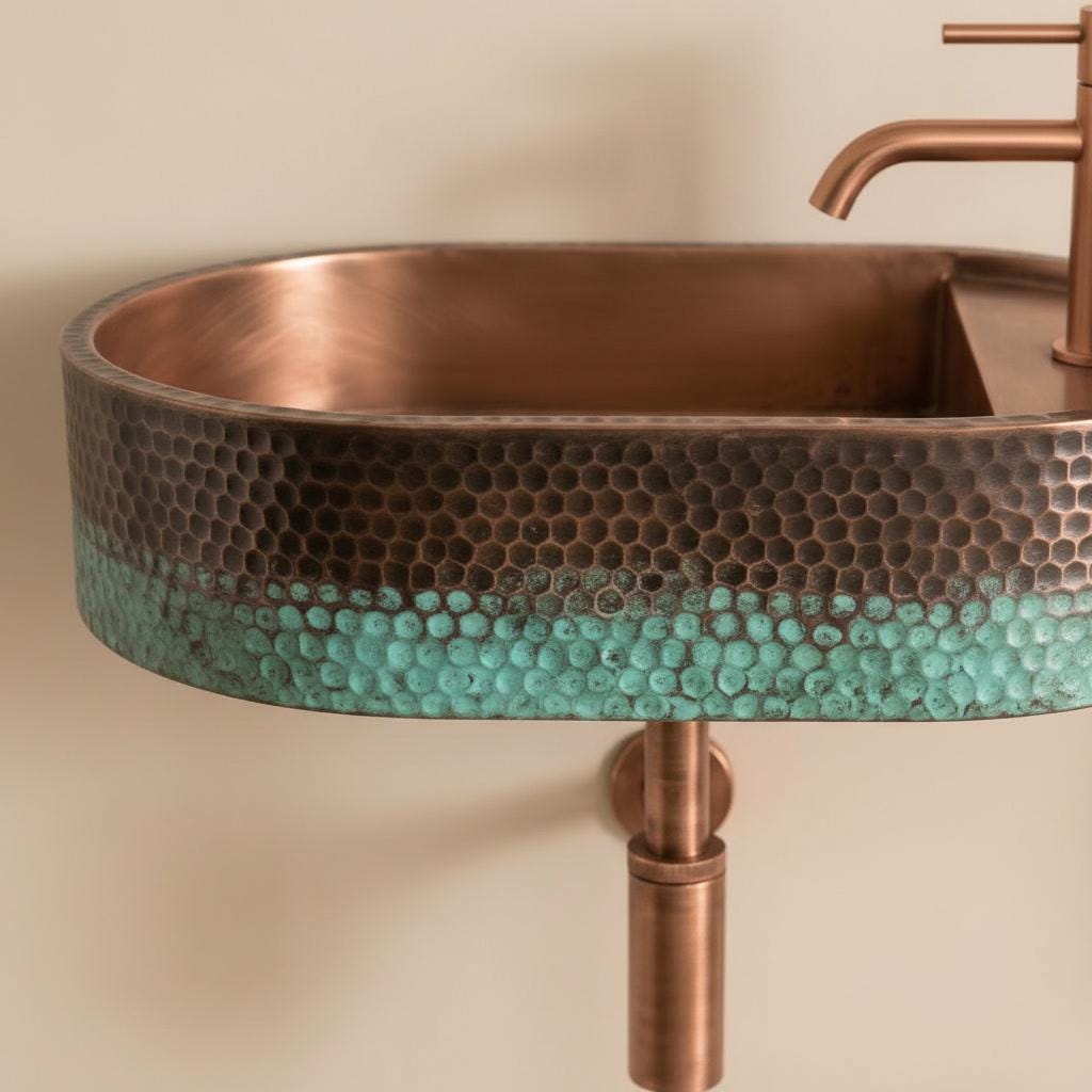 Rustic Copper Sink, Wall Mounted Oval Washbasin - Verdigris Patina Vessel Sink, Green Blue Floating Basin, Farmhouse Bathroom Decor - Mettlemix