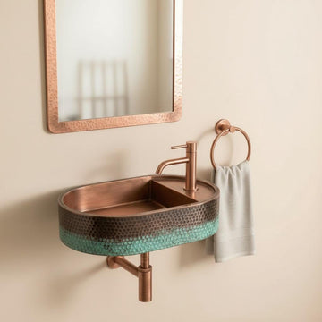 Rustic Copper Sink, Wall Mounted Oval Washbasin - Verdigris Patina Vessel Sink, Green Blue Floating Basin, Farmhouse Bathroom Decor - Mettlemix