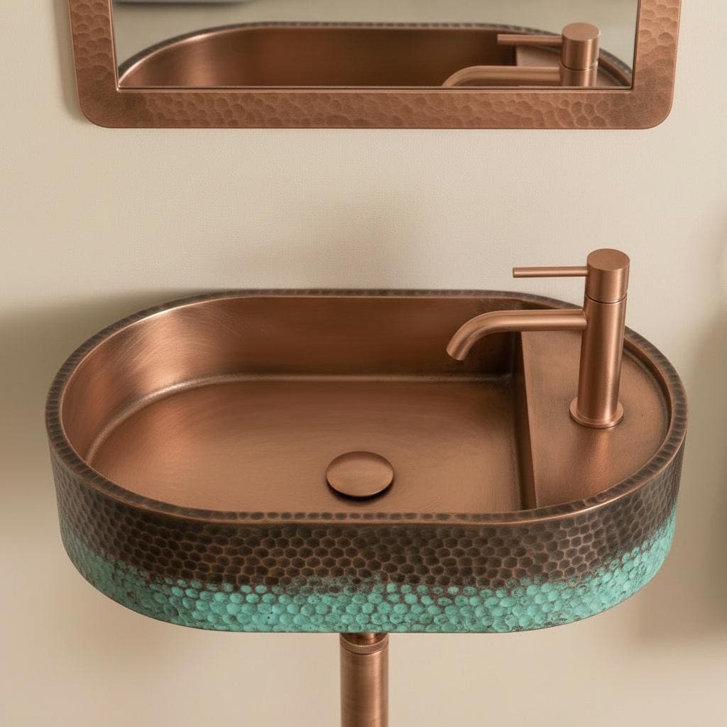 Rustic Copper Sink, Wall Mounted Oval Washbasin - Verdigris Patina Vessel Sink, Green Blue Floating Basin, Farmhouse Bathroom Decor - Mettlemix