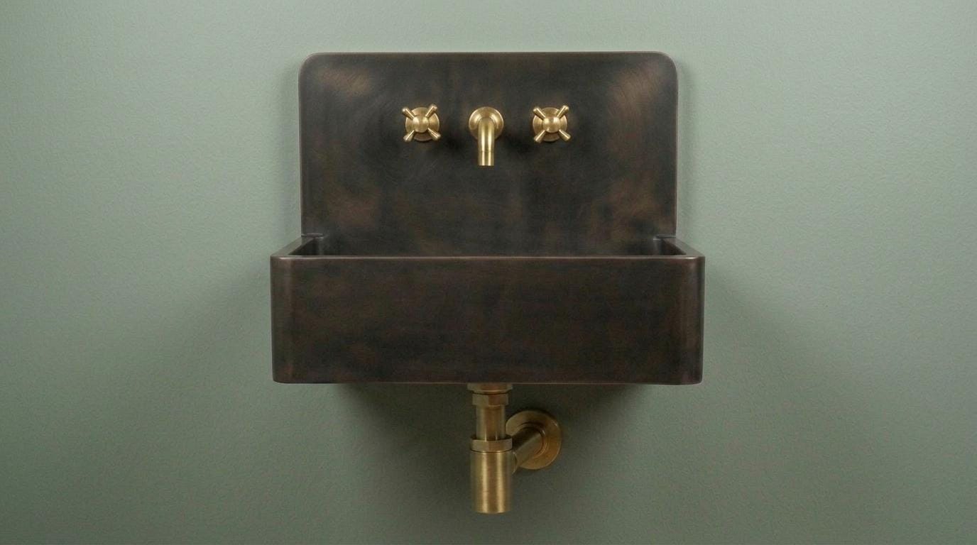 Rustic Oil Rubbed Brass Sink, Wall Mounted Floating Washbasin, Smooth Dark Rectangular Basin, Farmhouse Vanity Wash Bowl - Mettlemix