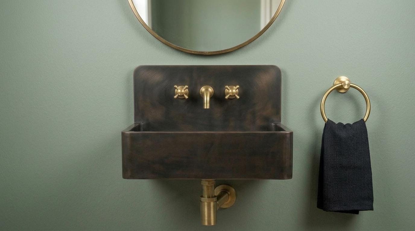 Rustic Oil Rubbed Brass Sink, Wall Mounted Floating Washbasin, Smooth Dark Rectangular Basin, Farmhouse Vanity Wash Bowl - Mettlemix