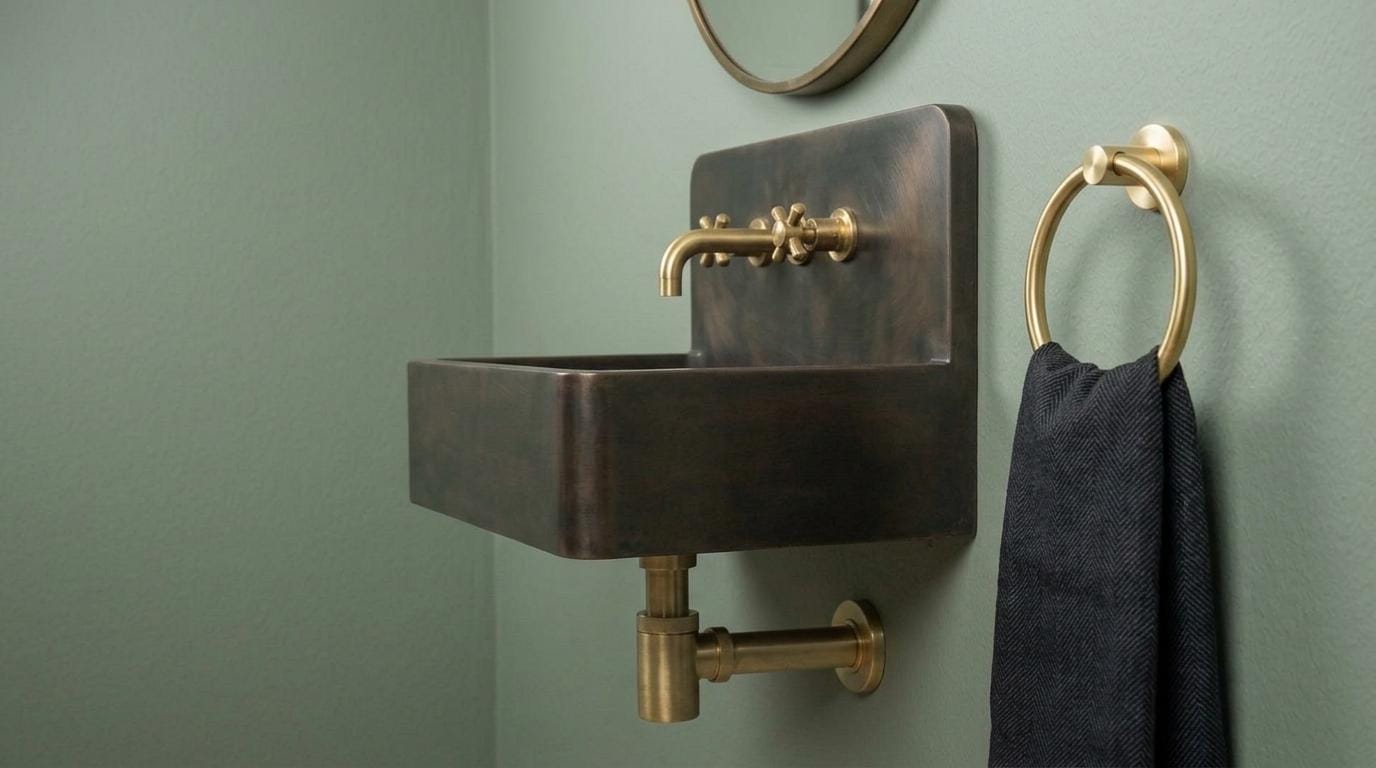 Rustic Oil Rubbed Brass Sink, Wall Mounted Floating Washbasin, Smooth Dark Rectangular Basin, Farmhouse Vanity Wash Bowl - Mettlemix