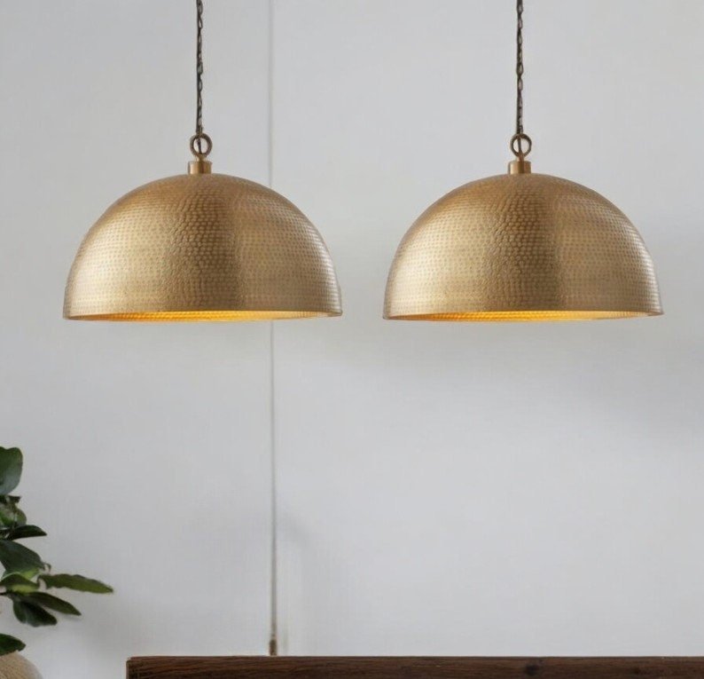 Set of 2 Hammered Brass Dome Pendant Lights - Kitchen Island Lamps - Mettlemix