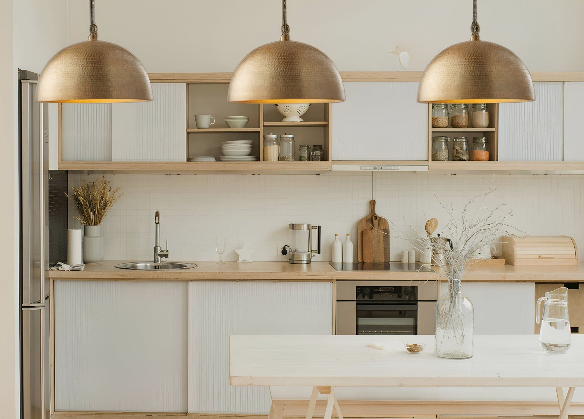 Set of 2 Hammered Brass Dome Pendant Lights - Kitchen Island Lamps - Mettlemix