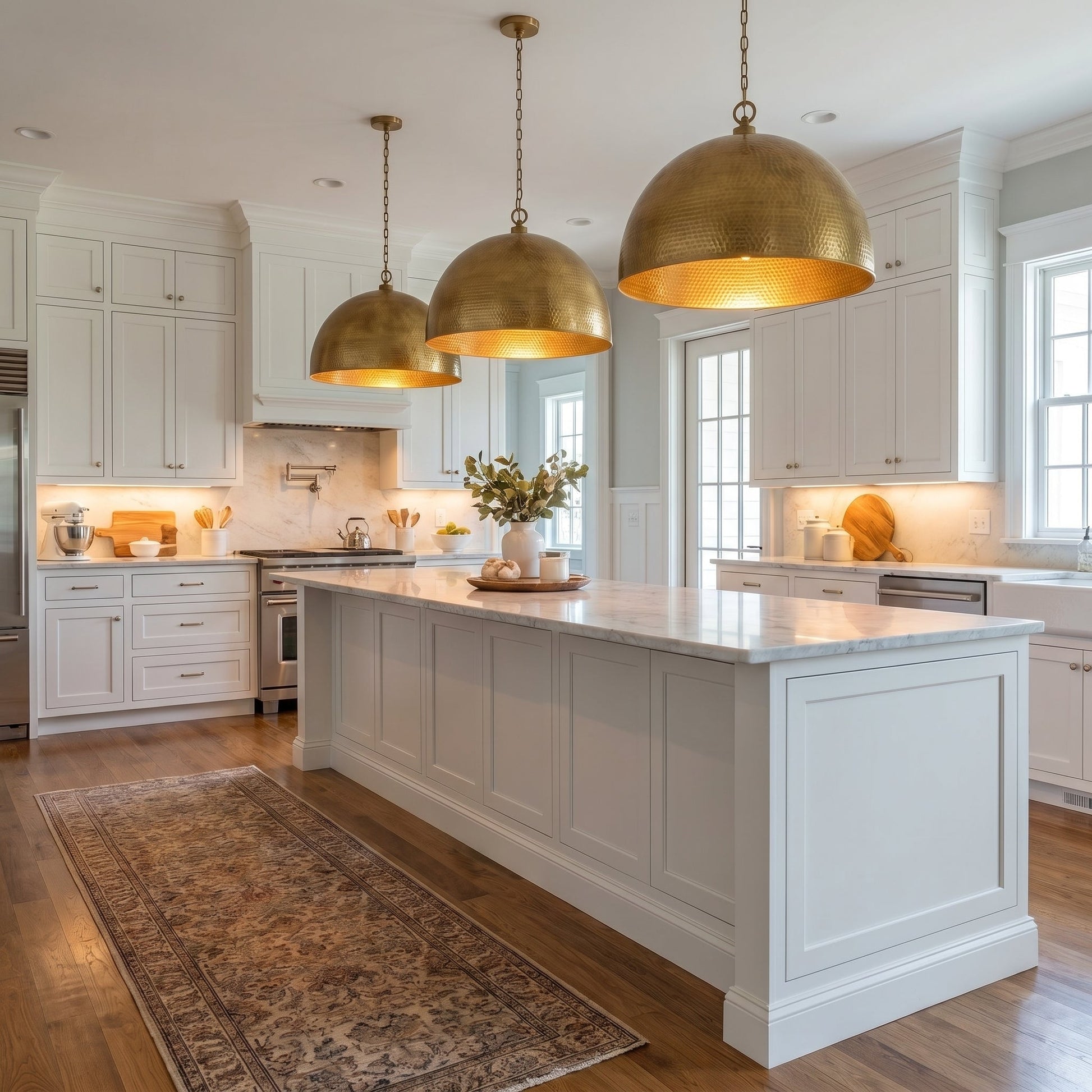 Set of 2 Hammered Brass Dome Pendant Lights - Kitchen Island Lamps - Mettlemix