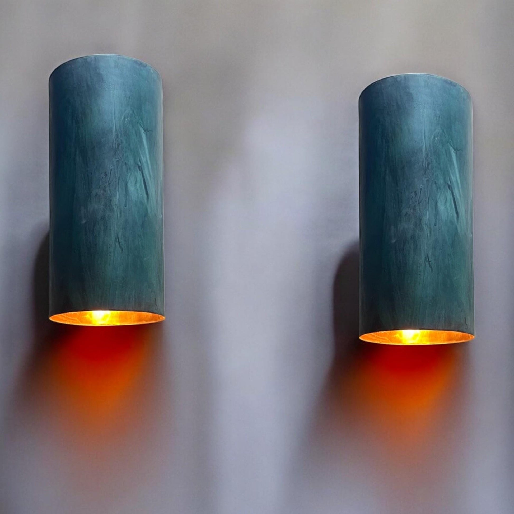 Set of 2 Oxidized Copper Cylinder Wall Sconces - Green Patina - Mettlemix