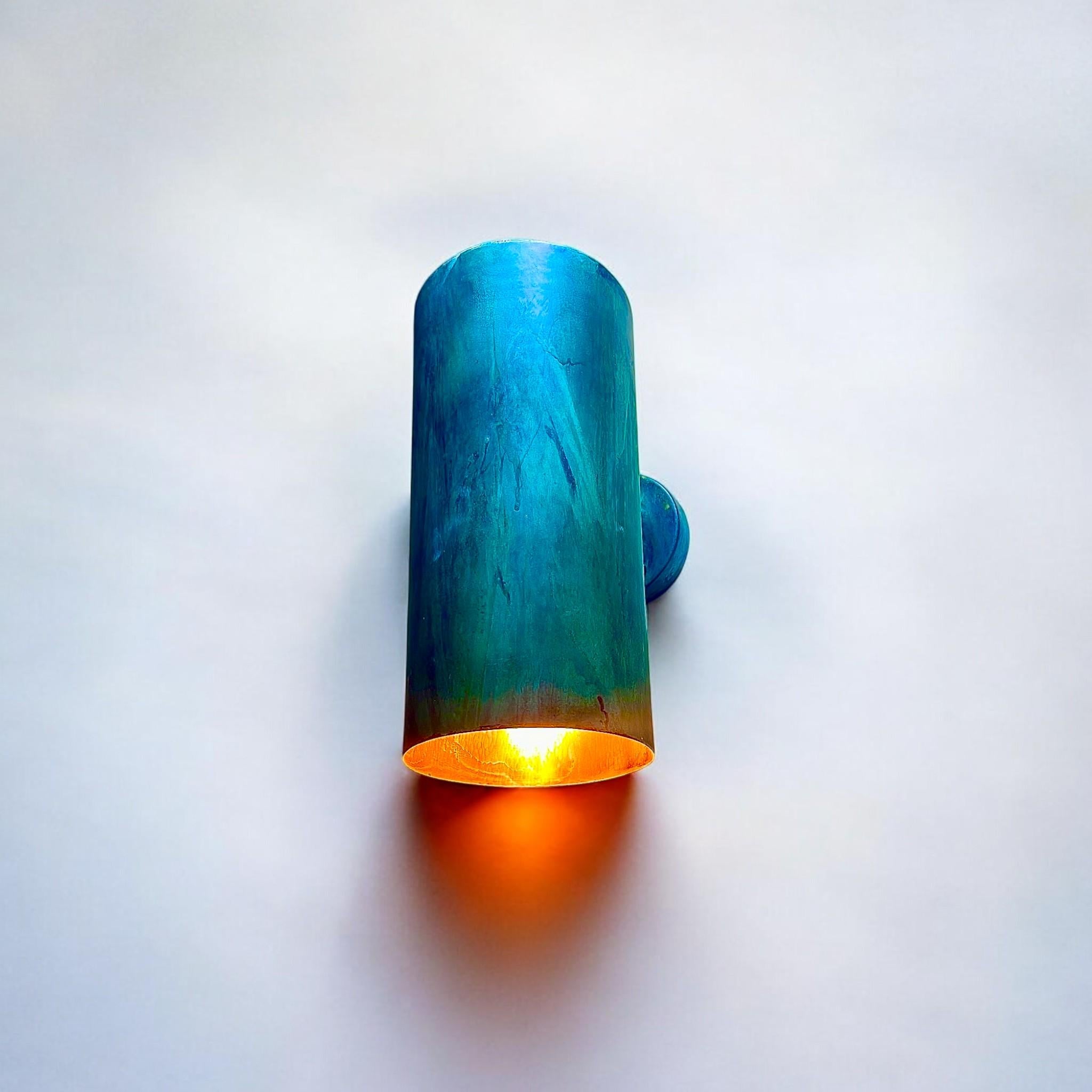 Set of 2 Oxidized Copper Cylinder Wall Sconces - Green Patina - Mettlemix