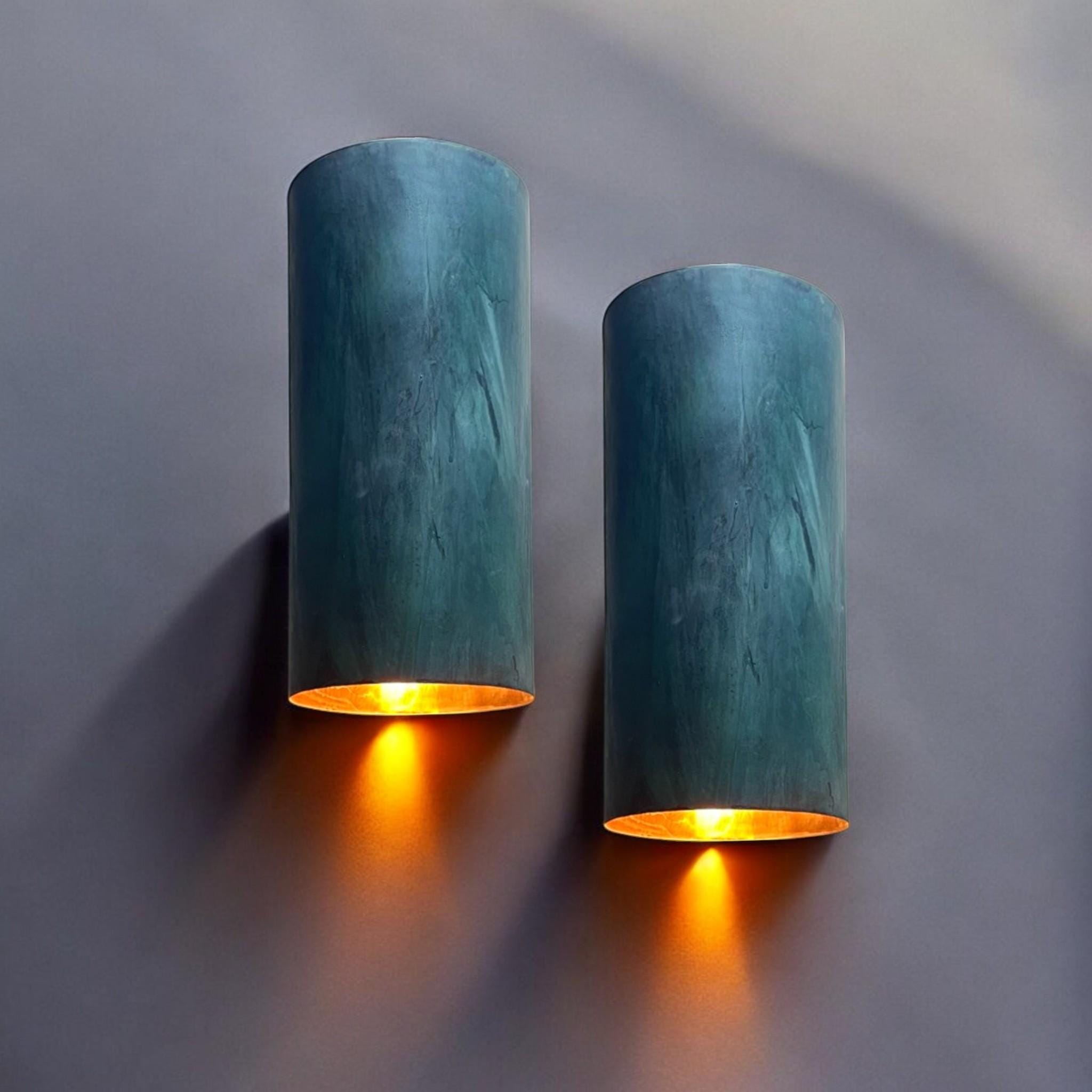 Set of 2 Oxidized Copper Cylinder Wall Sconces - Green Patina - Mettlemix