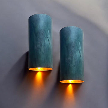 Set of 2 Oxidized Copper Cylinder Wall Sconces - Green Patina - Mettlemix
