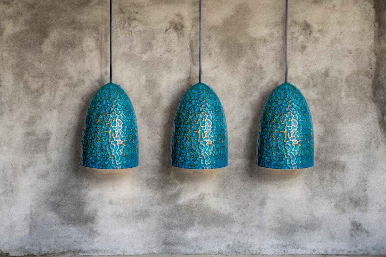 Set of 3 Oxidized Copper Pendant Lamps - Hammered Kitchen Island Lights - Mettlemix