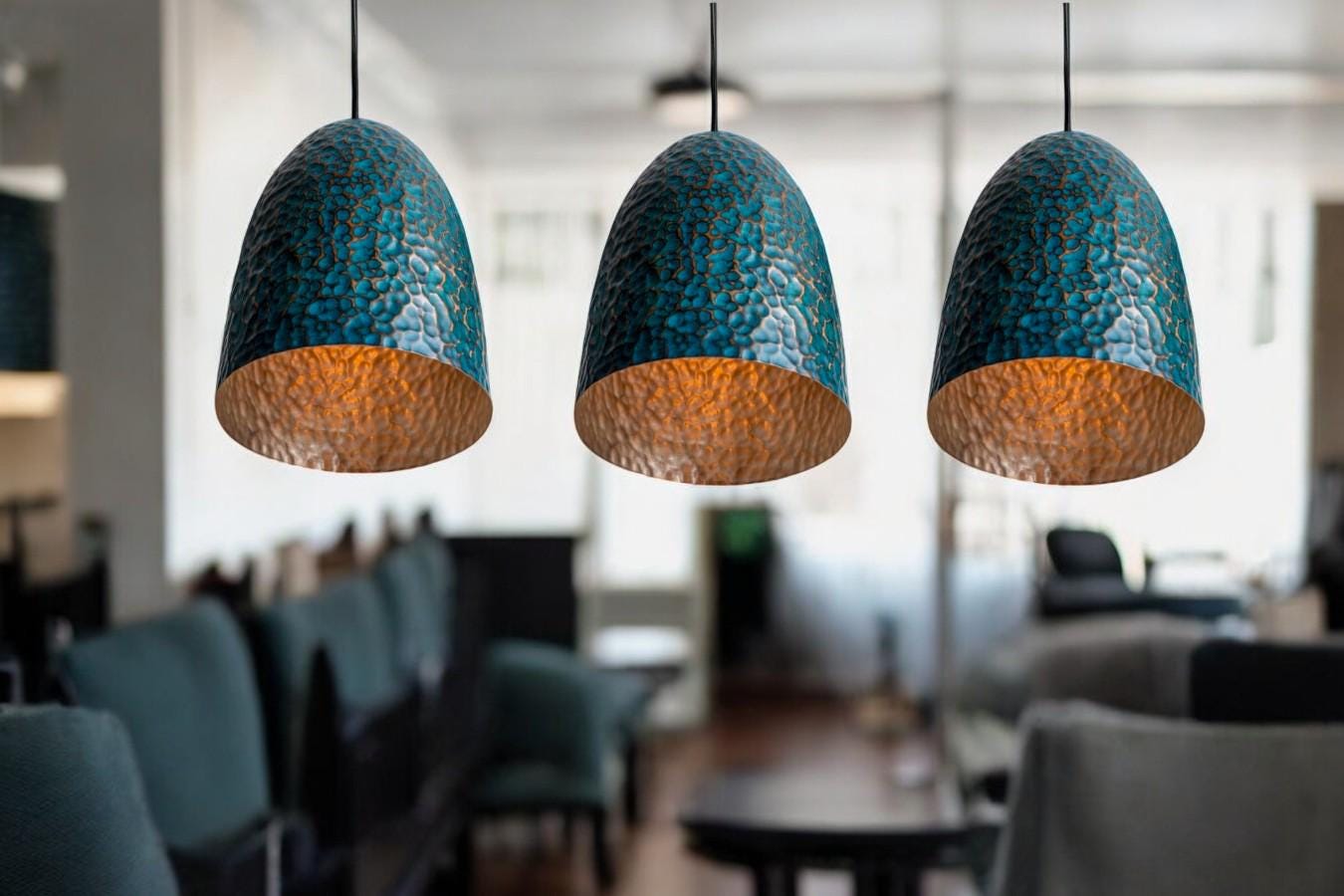 Set of 3 Oxidized Copper Pendant Lamps - Hammered Kitchen Island Lights - Mettlemix