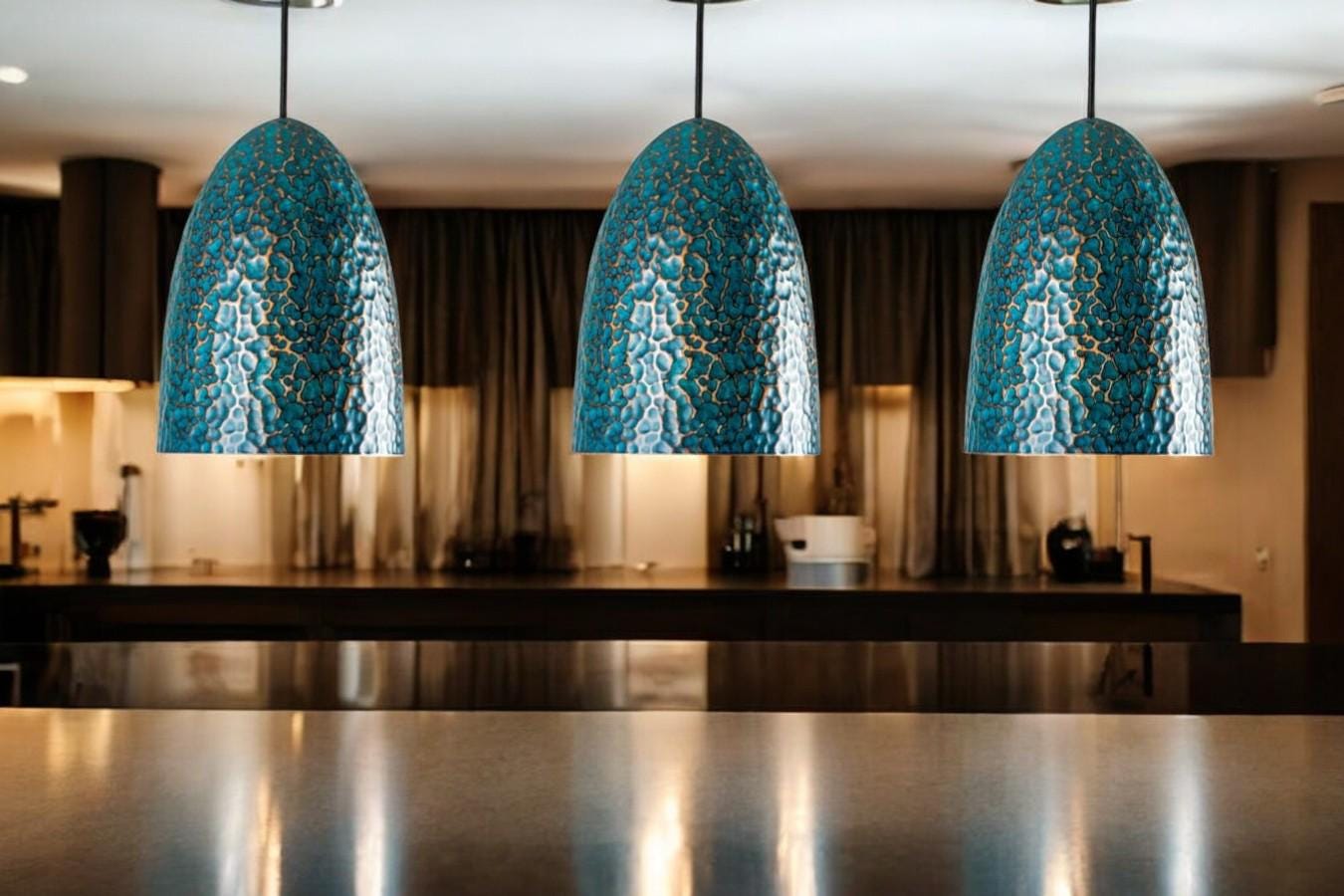 Set of 3 Oxidized Copper Pendant Lamps - Hammered Kitchen Island Lights - Mettlemix