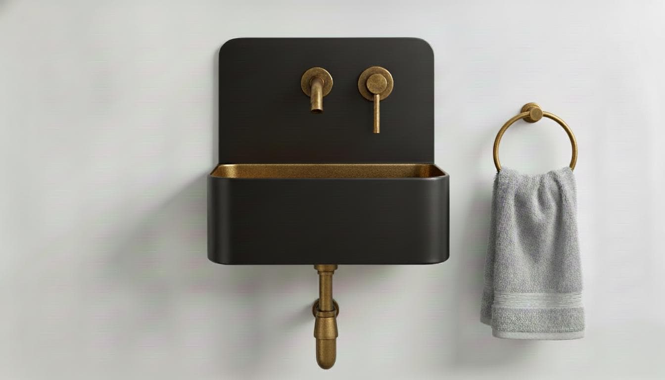 Solid Brass and black patina Wall Mounted Bathroom Sink - Handcrafted Industrial Basin - Modern Space Vanity Sink with Backsplash Set - Mettlemix