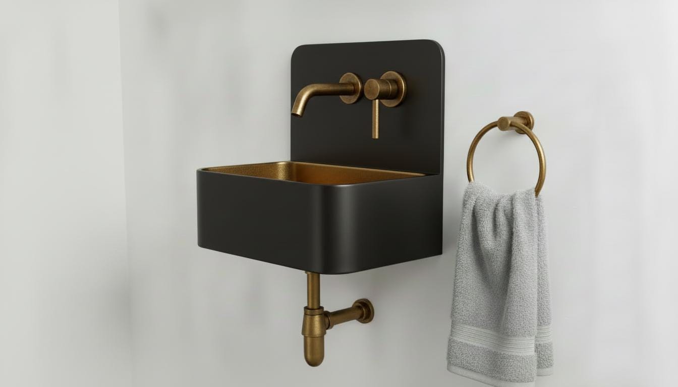 Solid Brass and black patina Wall Mounted Bathroom Sink - Handcrafted Industrial Basin - Modern Space Vanity Sink with Backsplash Set - Mettlemix