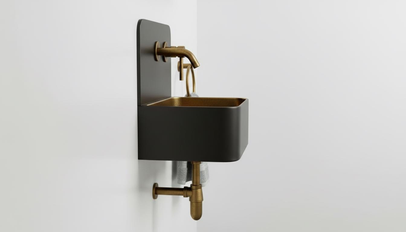 Solid Brass and black patina Wall Mounted Bathroom Sink - Handcrafted Industrial Basin - Modern Space Vanity Sink with Backsplash Set - Mettlemix