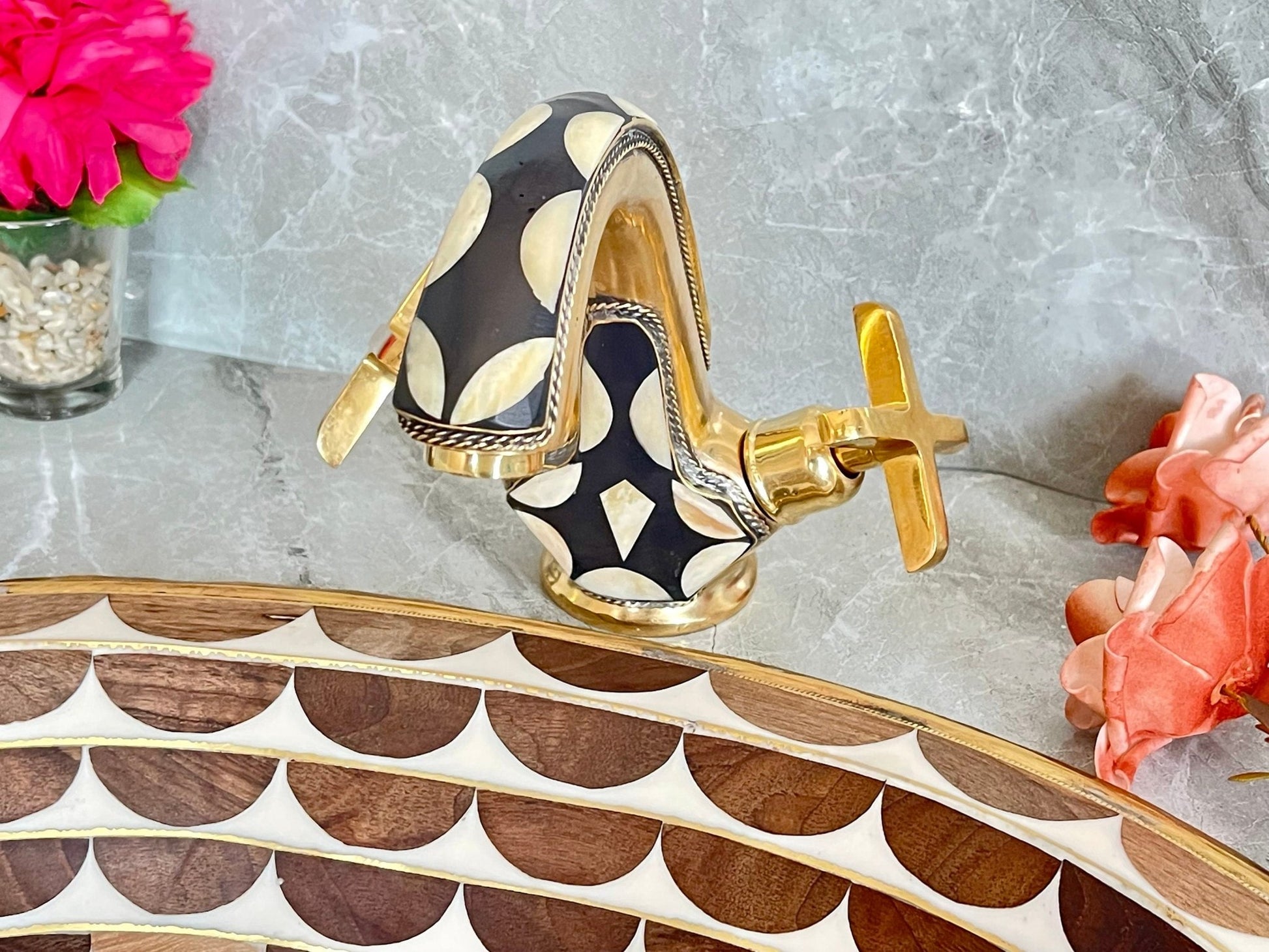 Solid Brass Bathroom Faucet - Black Resin Inlay Double Handle Tap - Mettlemix