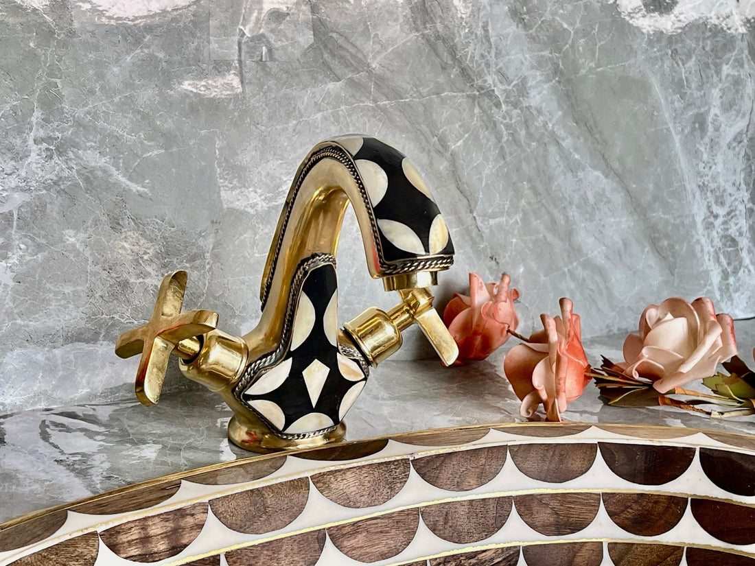 Solid Brass Bathroom Faucet - Black Resin Inlay Double Handle Tap - Mettlemix