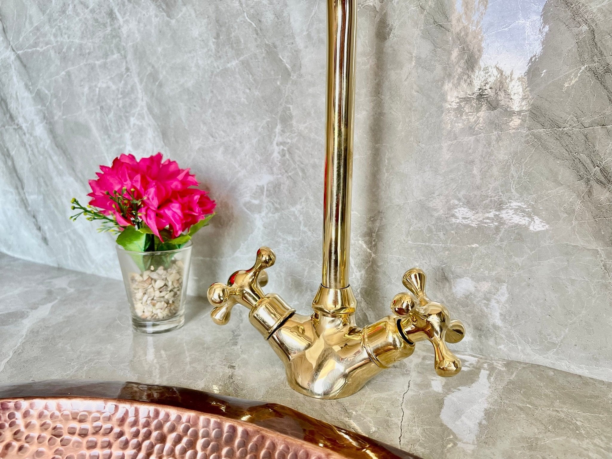 Solid Brass Bathroom Faucet - Gold Cross Handle Single Hole Mixer - Mettlemix