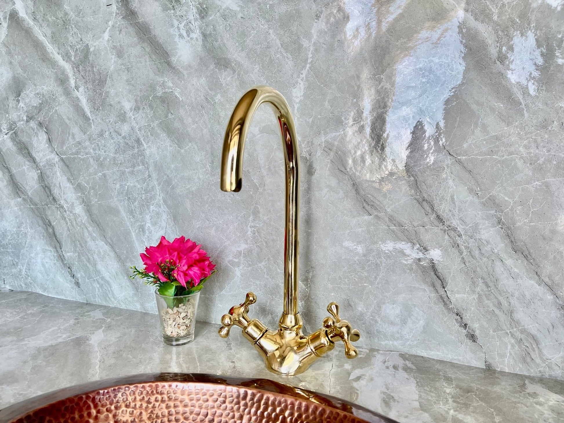 Solid Brass Bathroom Faucet - Gold Cross Handle Single Hole Mixer - Mettlemix