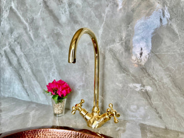 Solid Brass Bathroom Faucet - Gold Cross Handle Single Hole Mixer - Mettlemix