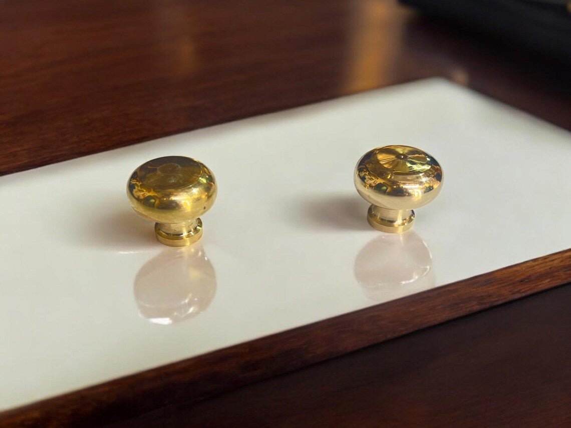 Solid Brass Mushroom Cabinet Knobs - Round Handcrafted Drawer Pulls - Mettlemix