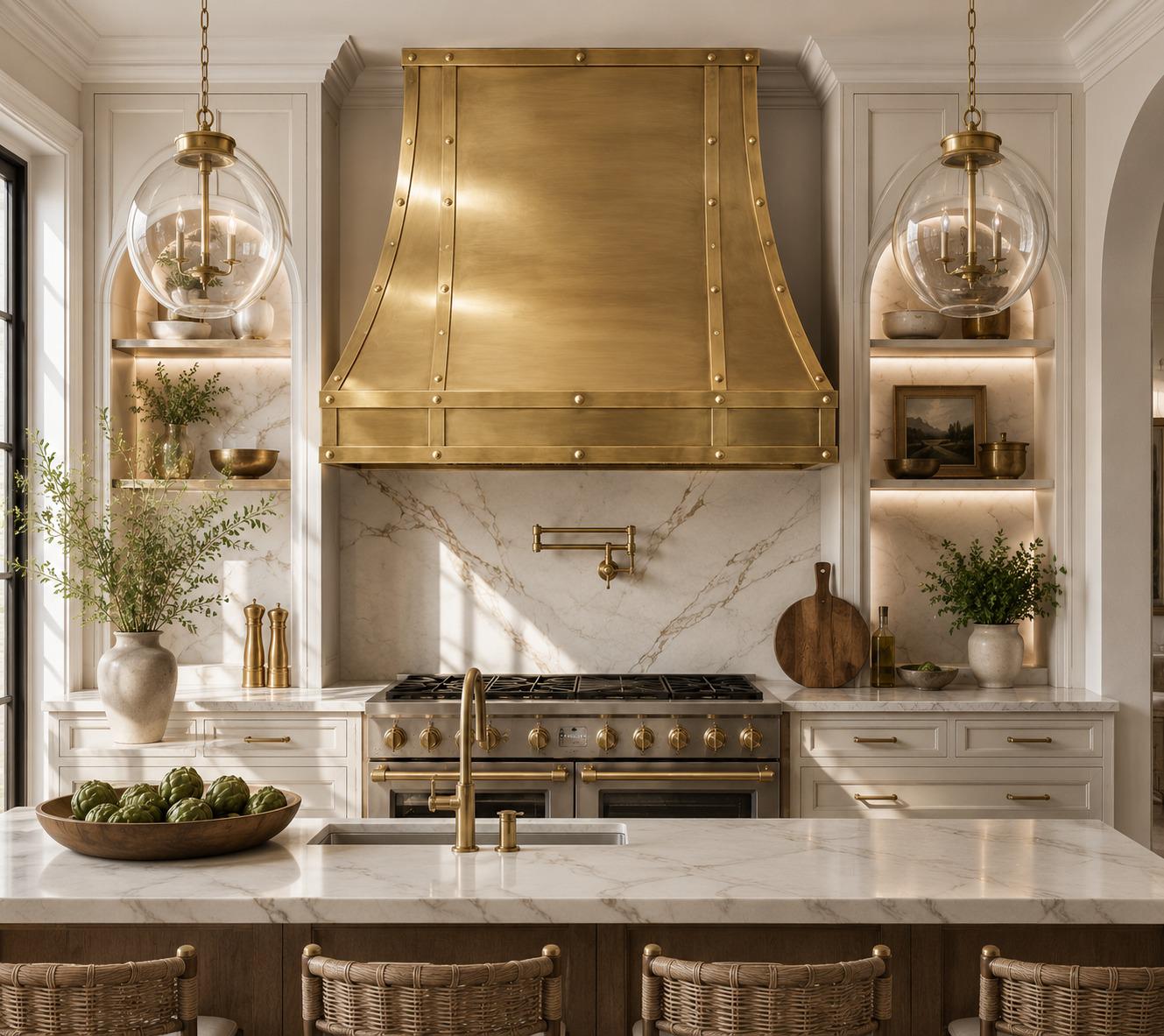 Solid Brass Range Hood, Light Antique Brass Cooker Hood with Rivets, Luxury Kitchen Vent, Farmhouse Wall Mount Exhaust - Mettlemix