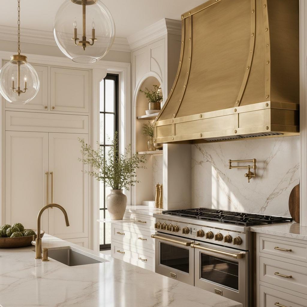 Solid Brass Range Hood, Light Antique Brass Cooker Hood with Rivets, Luxury Kitchen Vent, Farmhouse Wall Mount Exhaust - Mettlemix
