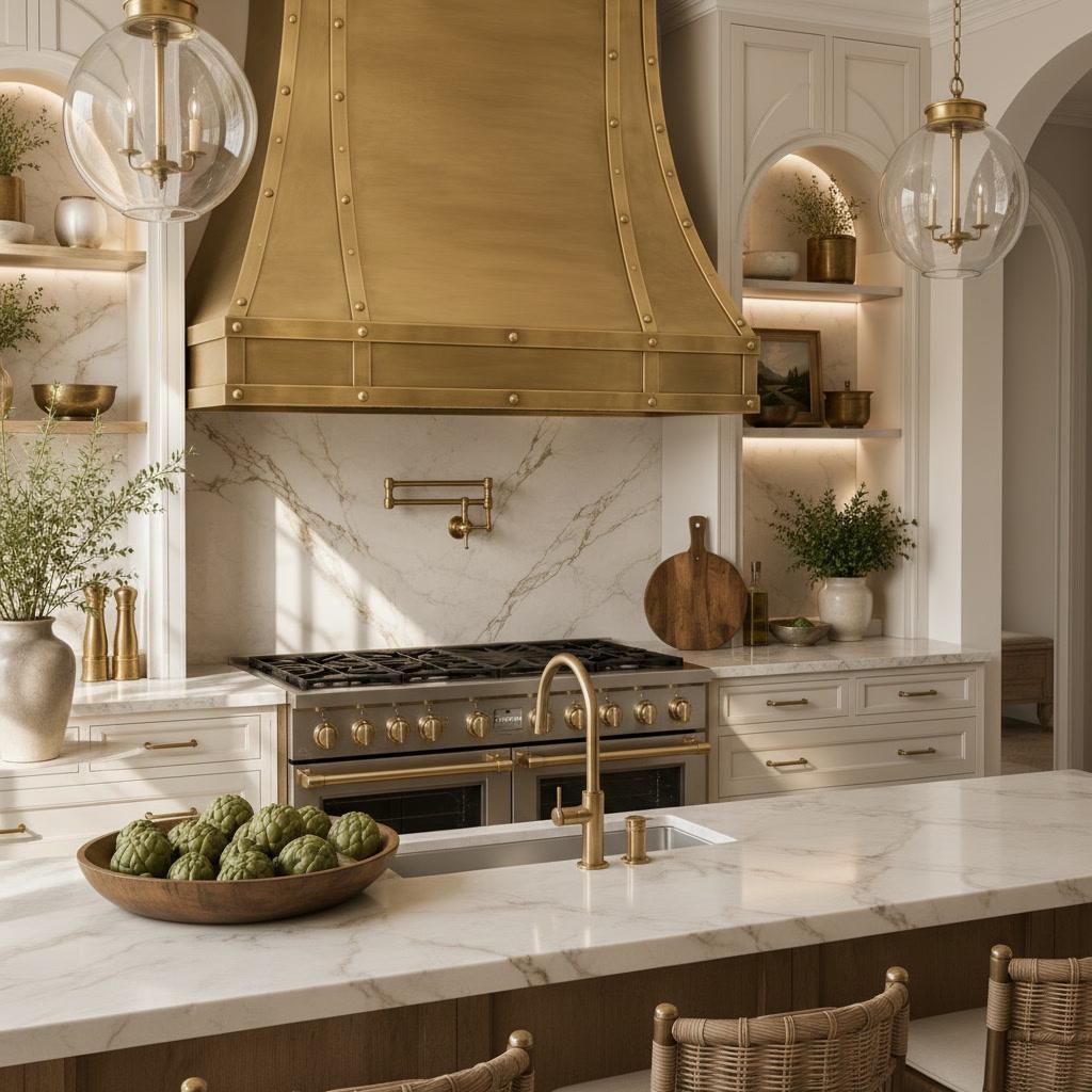 Solid Brass Range Hood, Light Antique Brass Cooker Hood with Rivets, Luxury Kitchen Vent, Farmhouse Wall Mount Exhaust - Mettlemix