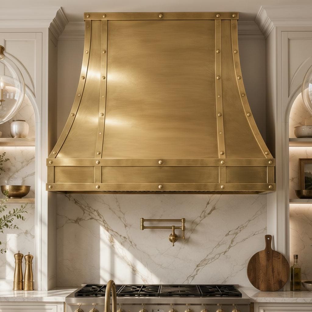 Solid Brass Range Hood, Light Antique Brass Cooker Hood with Rivets, Luxury Kitchen Vent, Farmhouse Wall Mount Exhaust - Mettlemix