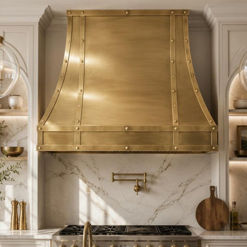 Solid Brass Range Hood, Light Antique Brass Cooker Hood with Rivets, Luxury Kitchen Vent, Farmhouse Wall Mount Exhaust - Mettlemix