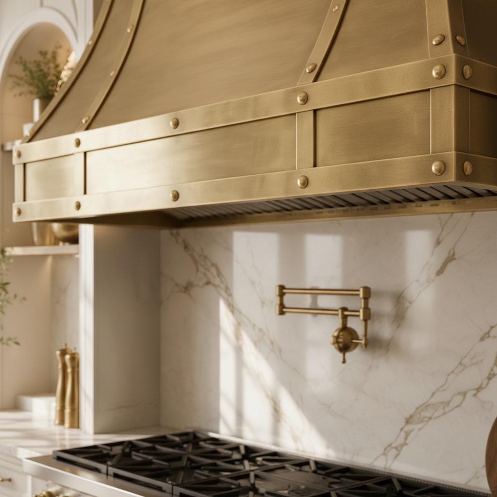Solid Brass Range Hood, Light Antique Brass Cooker Hood with Rivets, Luxury Kitchen Vent, Farmhouse Wall Mount Exhaust - Mettlemix