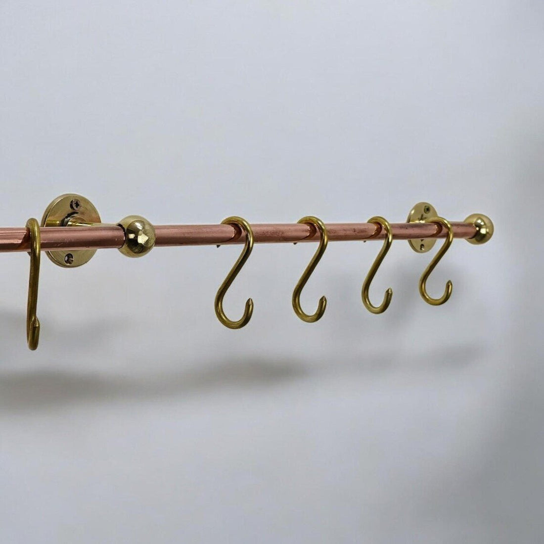Solid Copper and Brass Kitchen Pot Rail - Wall Mounted Rack with Hooks - Mettlemix