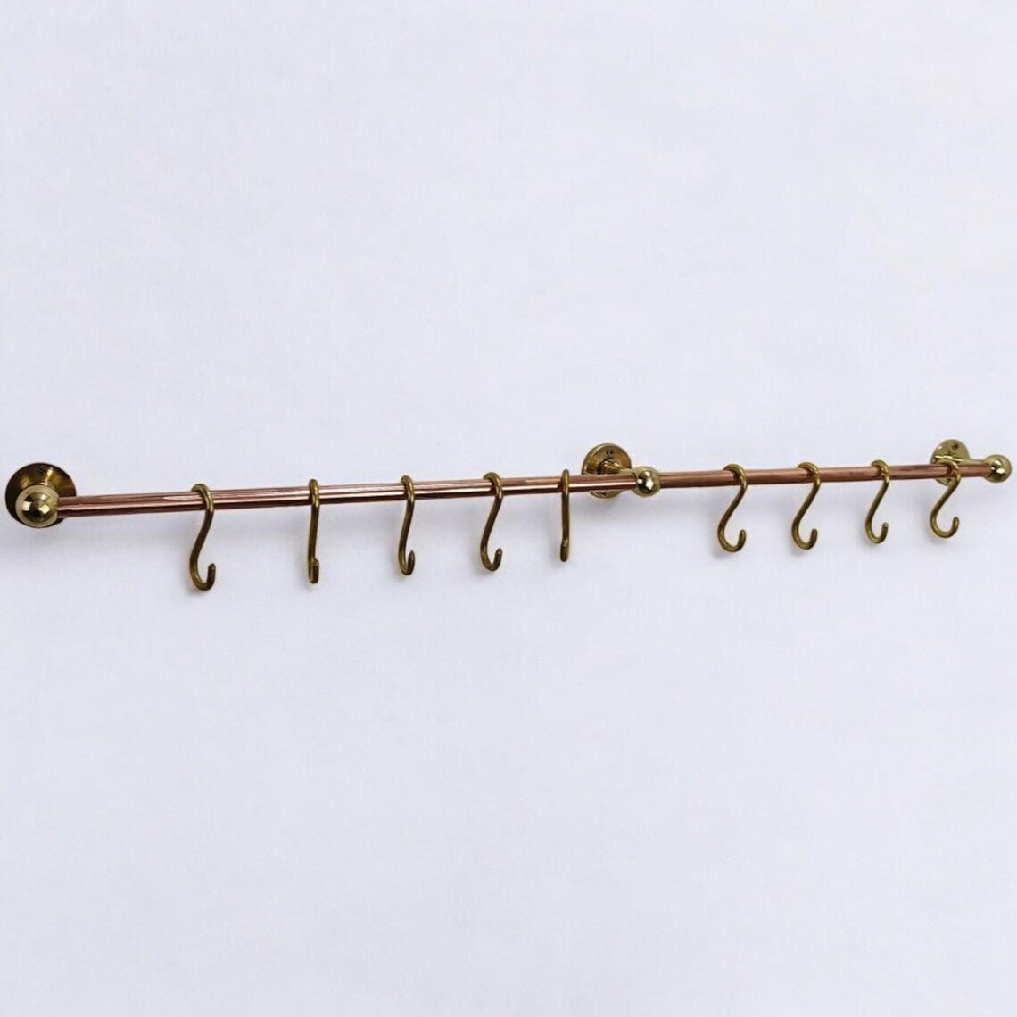 Solid Copper and Brass Kitchen Pot Rail - Wall Mounted Rack with Hooks - Mettlemix