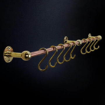 Solid Copper and Brass Kitchen Pot Rail - Wall Mounted Rack with Hooks - Mettlemix