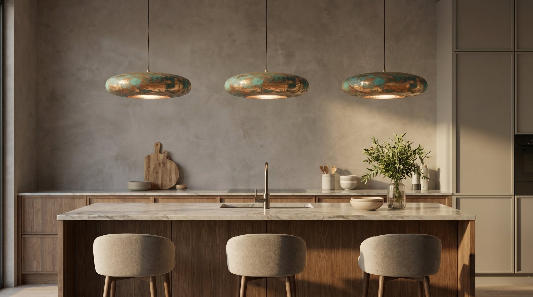 Turquoise Patina Brass Pendant Light - Green Gold Hammered Saucer Lamp - Mettlemix