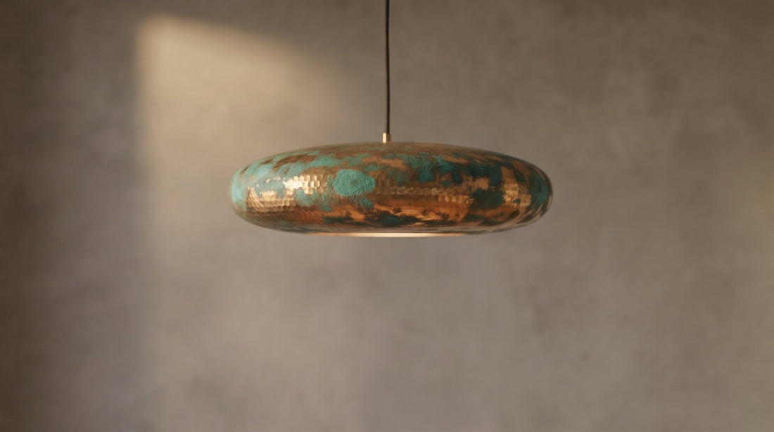 Turquoise Patina Brass Pendant Light - Green Gold Hammered Saucer Lamp - Mettlemix