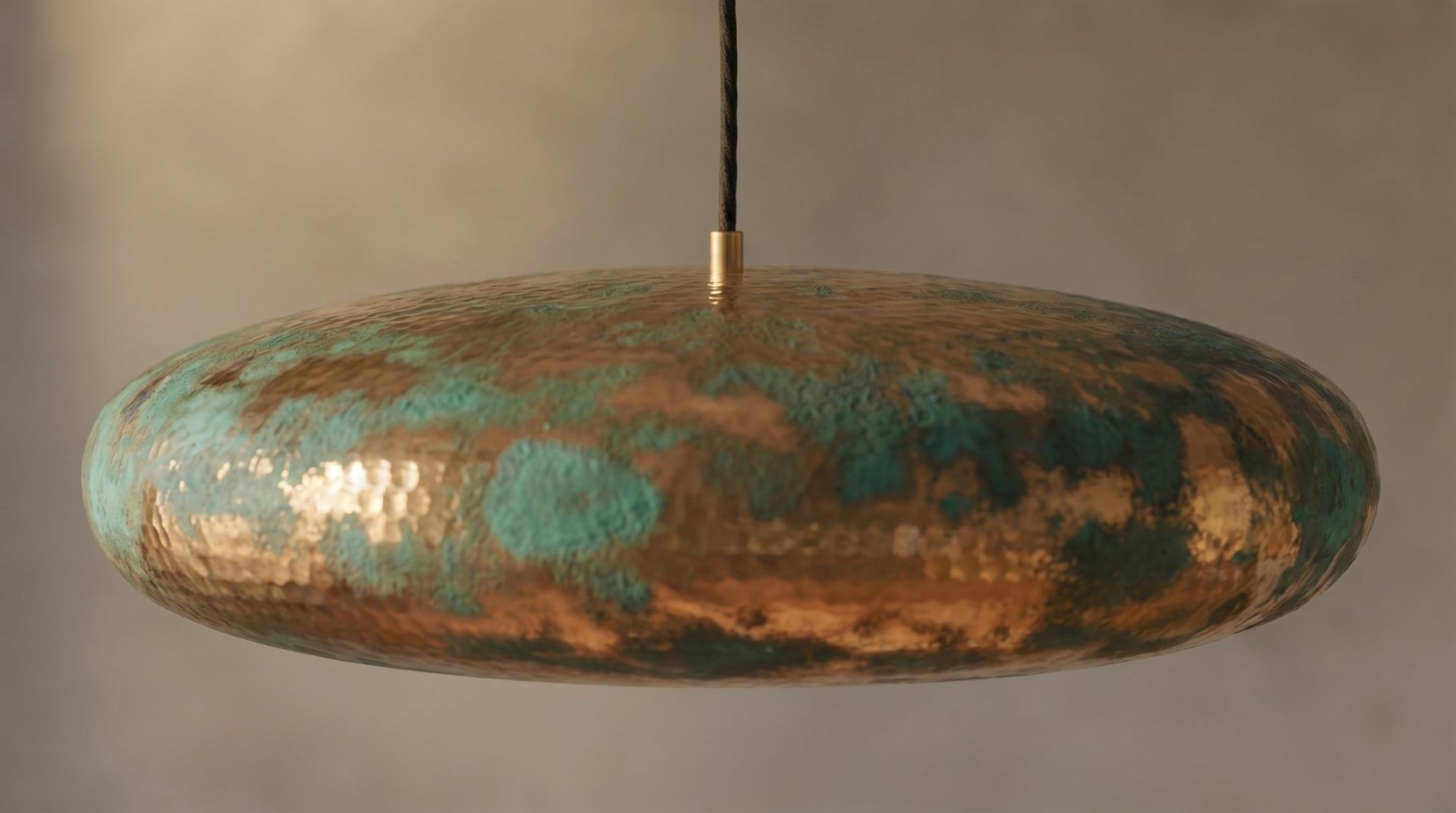 Turquoise Patina Brass Pendant Light - Green Gold Hammered Saucer Lamp - Mettlemix