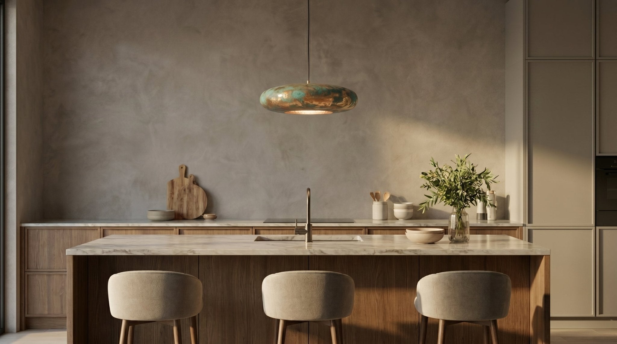 Turquoise Patina Brass Pendant Light - Green Gold Hammered Saucer Lamp - Mettlemix