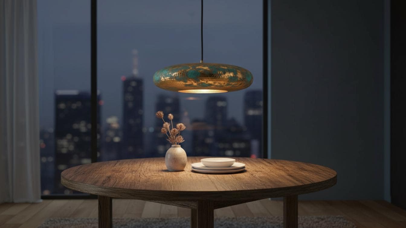 Turquoise Patina Brass Pendant Light - Green Gold Hammered Saucer Lamp - Mettlemix