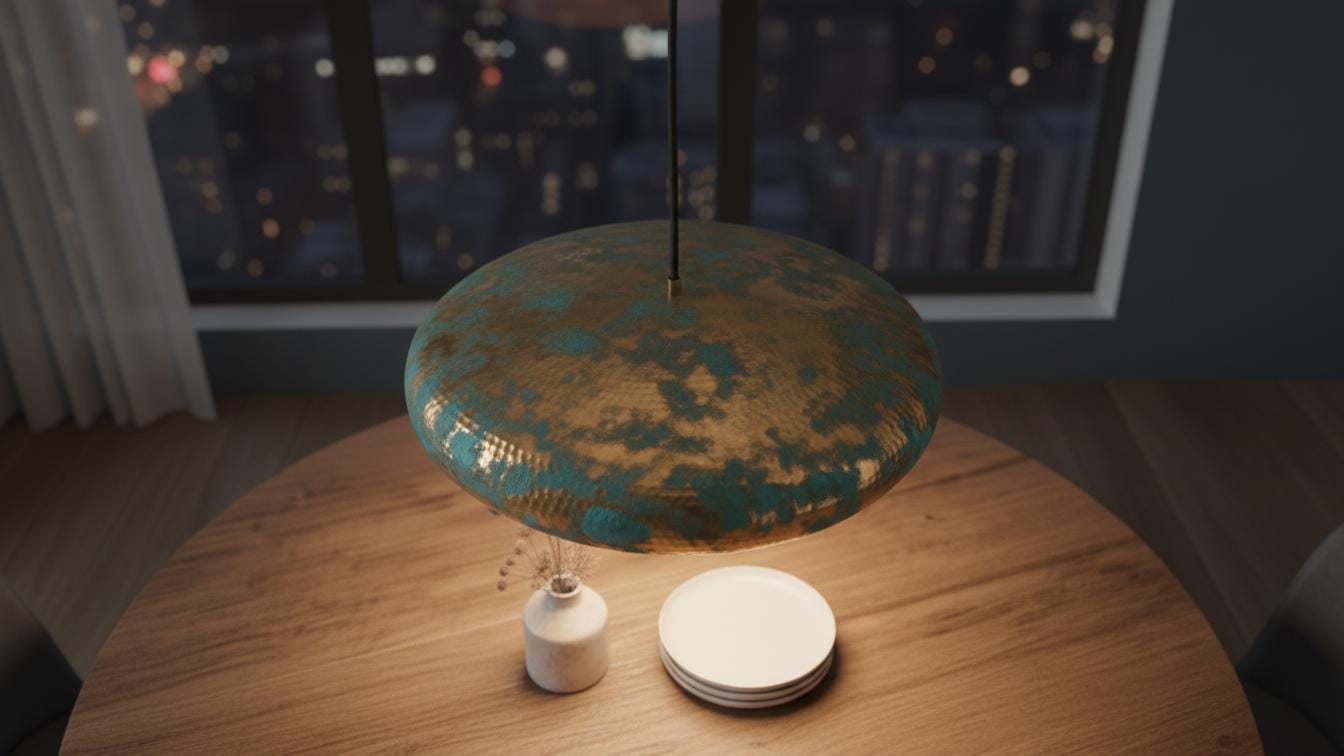 Turquoise Patina Brass Pendant Light - Green Gold Hammered Saucer Lamp - Mettlemix